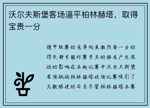沃尔夫斯堡客场逼平柏林赫塔，取得宝贵一分